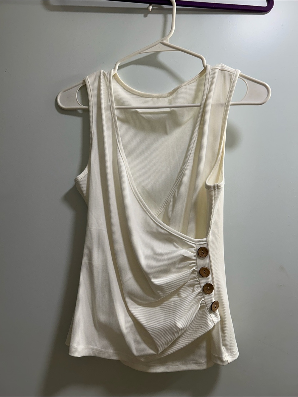 New Sleeveless Draped Tank with Button Detail - White